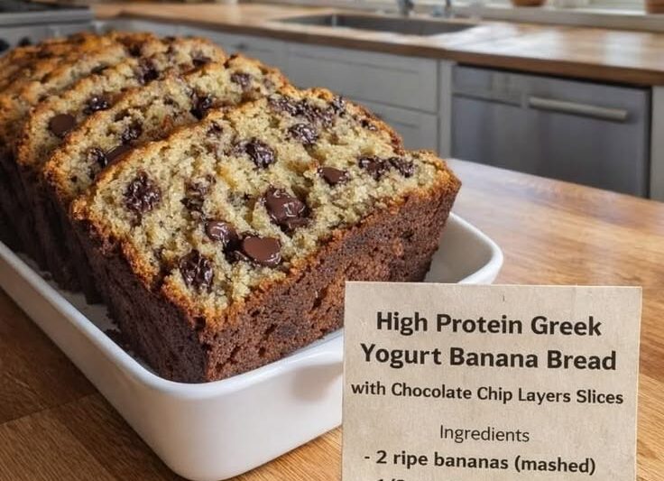 High Protein Greek Yogurt Banana Bread with Chocolate Chip Layers