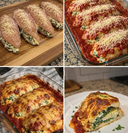 Cheesy Spinach-Stuffed Chicken “Lasagna” Boats